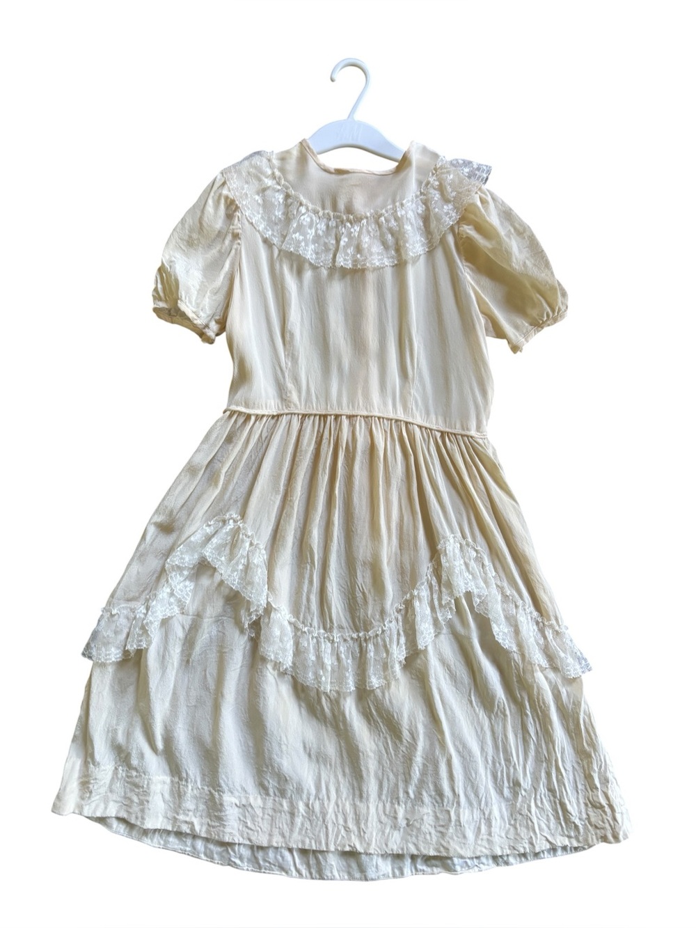 Antique Edwardian Style Lace Ruffles Puff Sleeve Dress Girls Childs Ivory